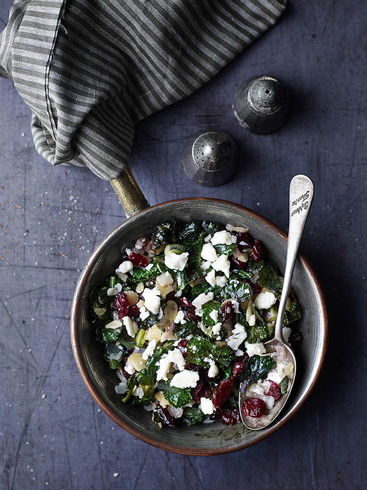 kalettes with cranberry almond and goats cheese